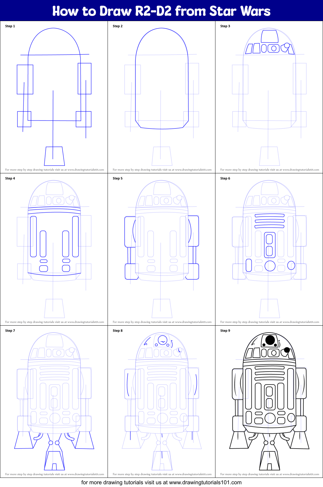How to Draw R2D2 from Star Wars printable step by step drawing sheet