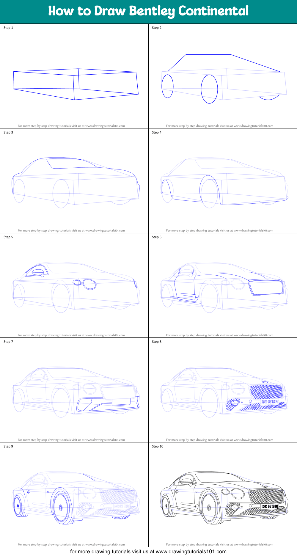 How to Draw Bentley Continental printable step by step drawing sheet
