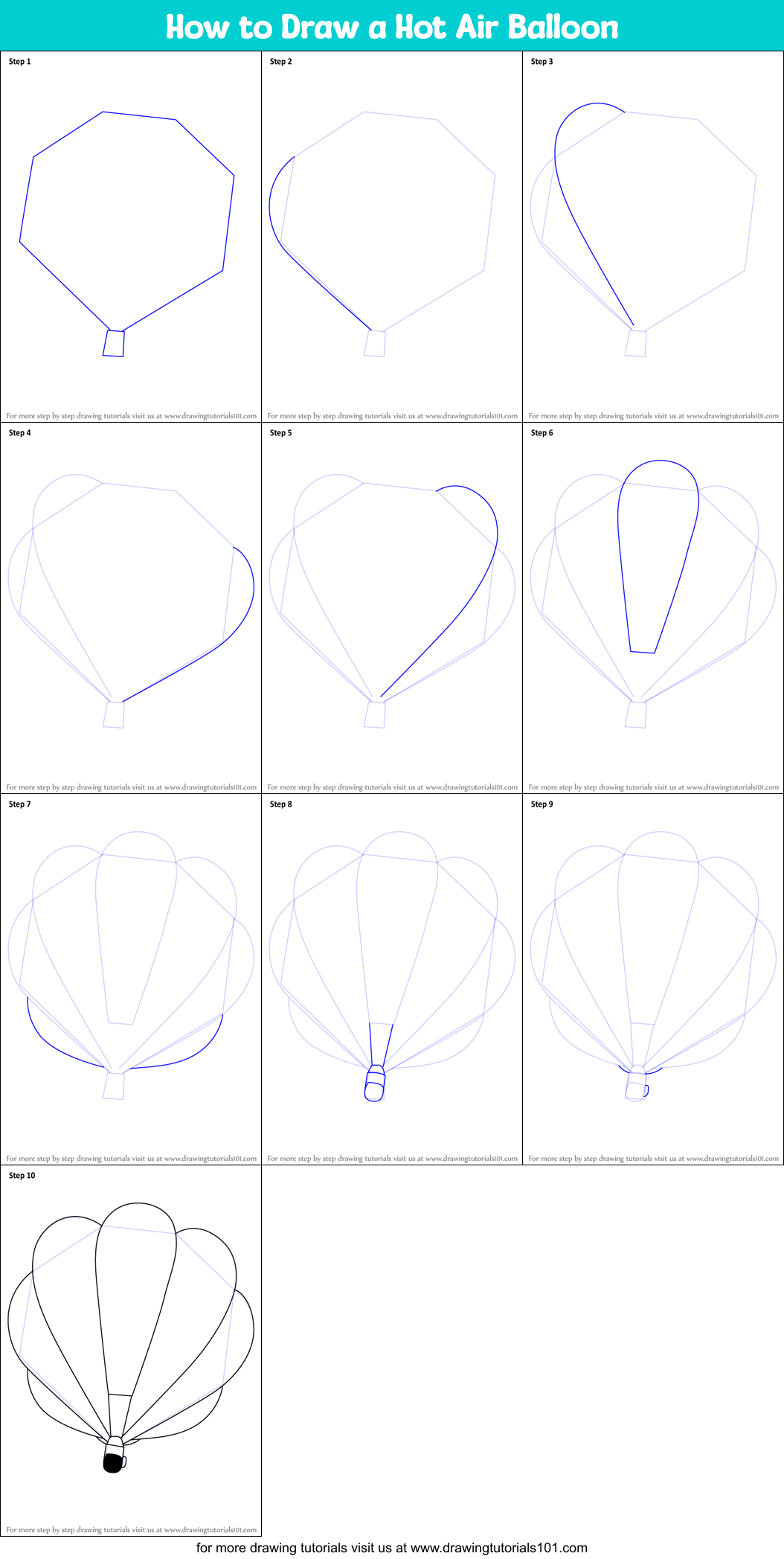 How to Draw a Hot Air Balloon printable step by step drawing sheet