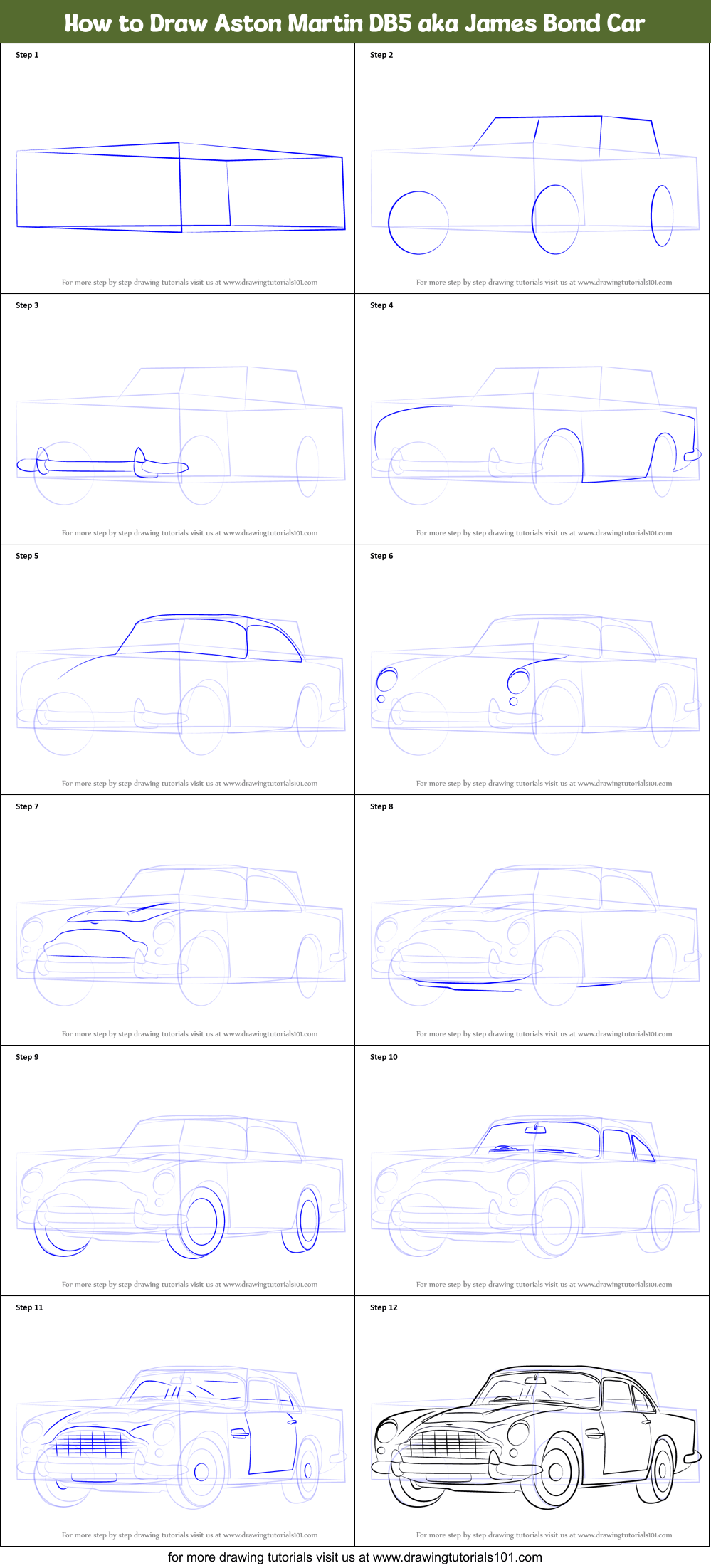 How to Draw Aston Martin DB5 aka James Bond Car printable step by step drawing sheet