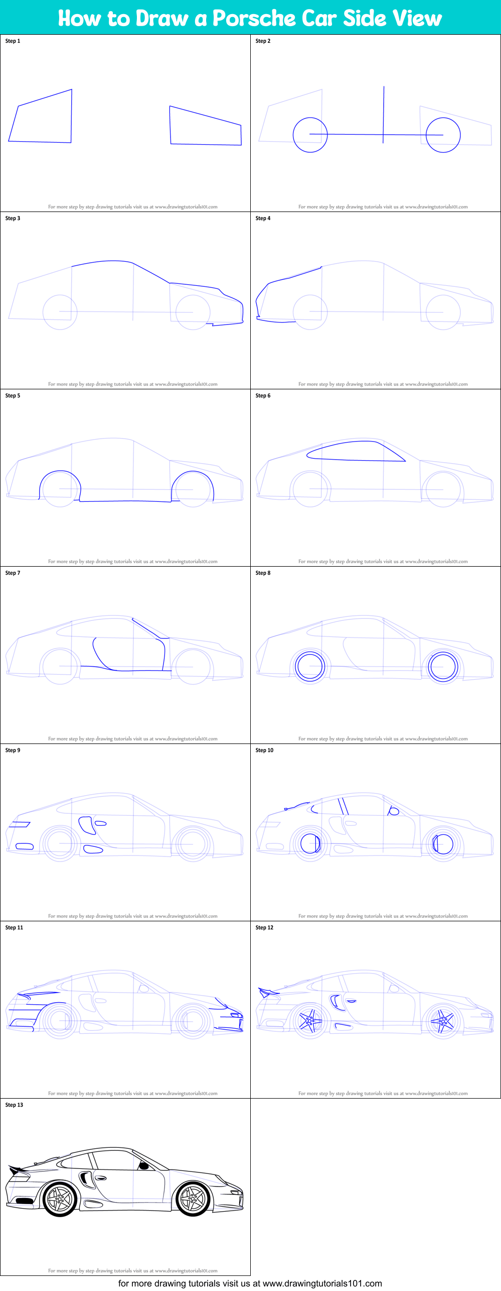 How to Draw a Porsche Car Side View printable step by step drawing sheet
