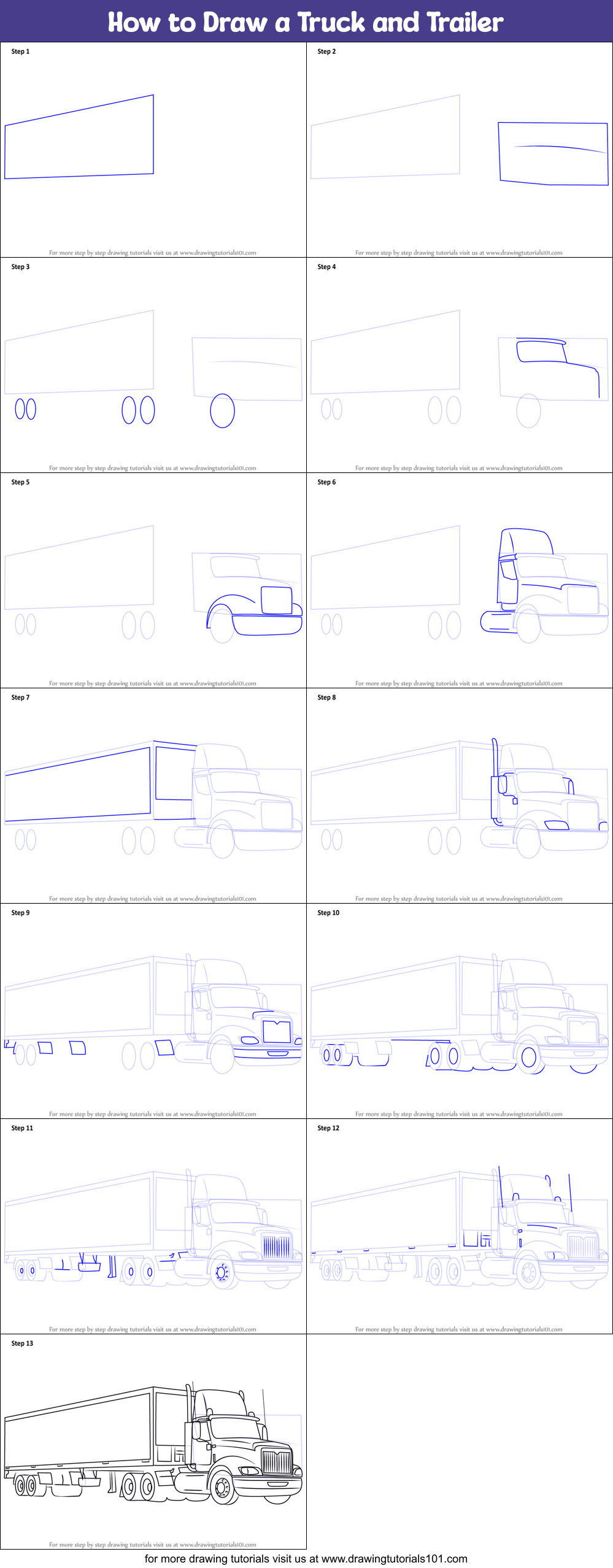 How to Draw a Truck and Trailer printable step by step drawing sheet
