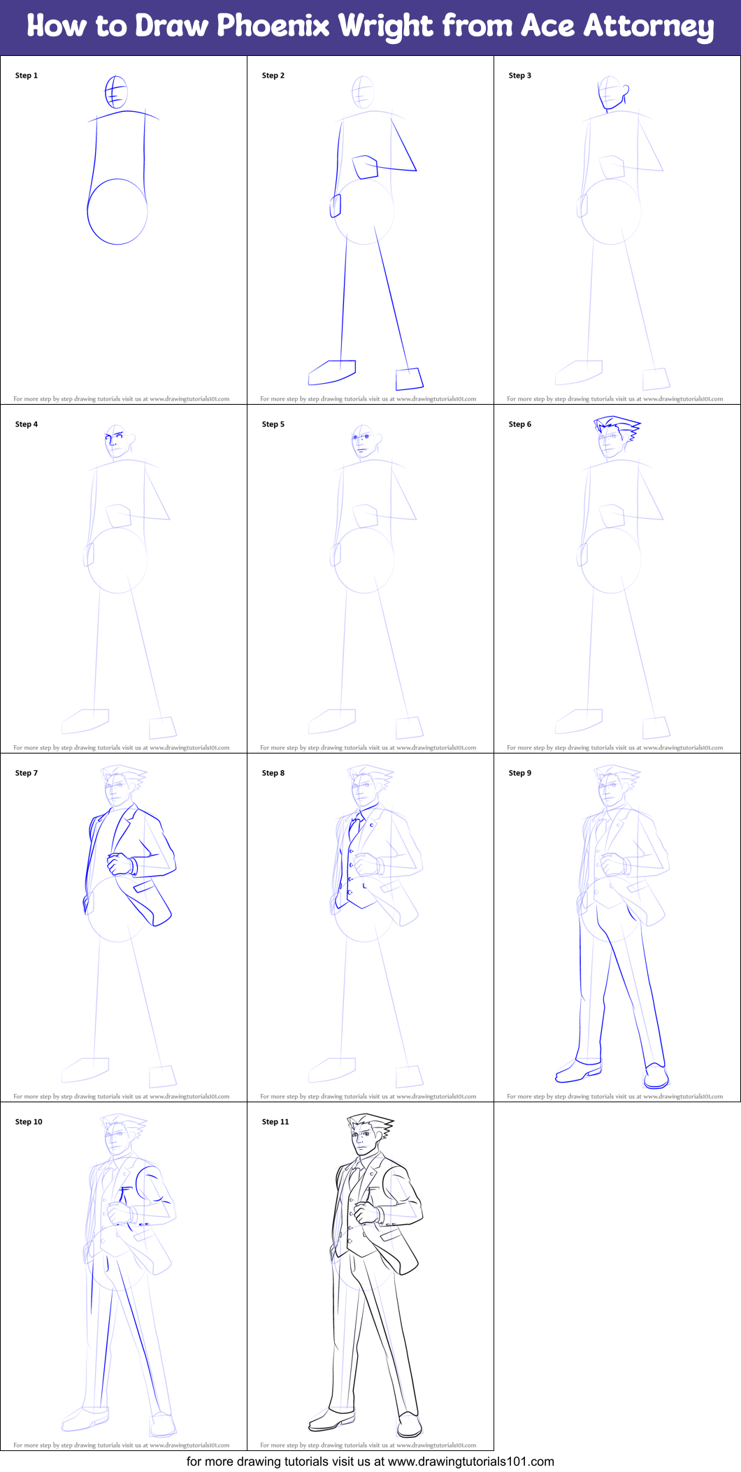 How to Draw Phoenix Wright from Ace Attorney printable step by step
