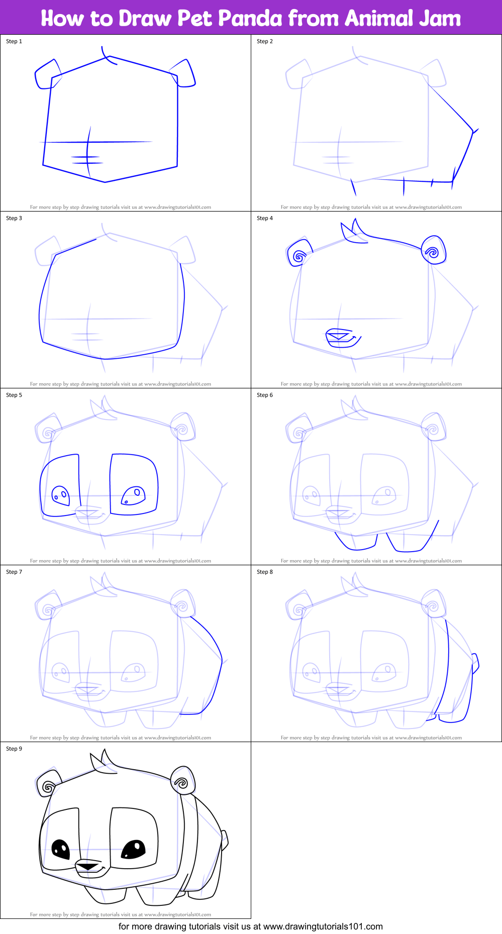 How to Draw Pet Panda from Animal Jam printable step by step drawing sheet