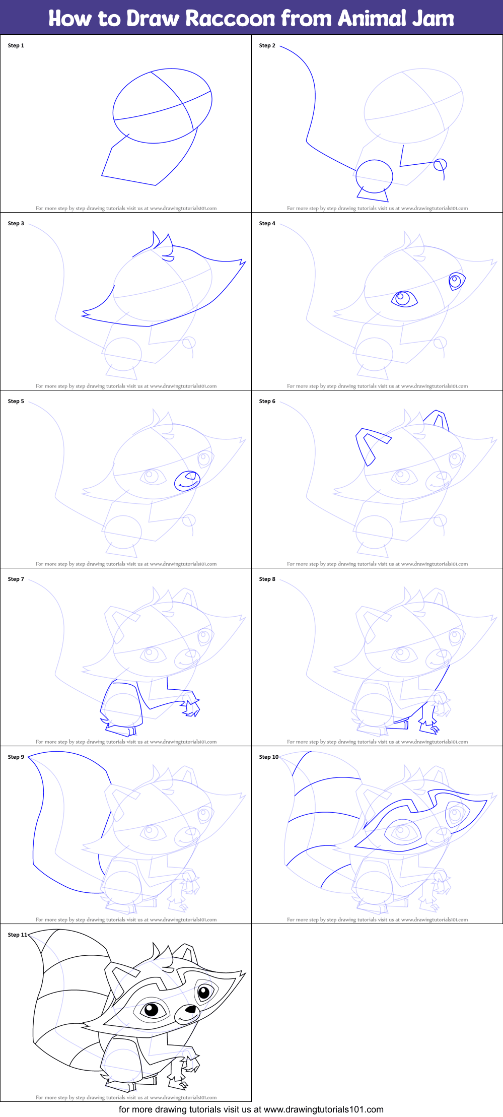 How to Draw Raccoon from Animal Jam printable step by step drawing sheet
