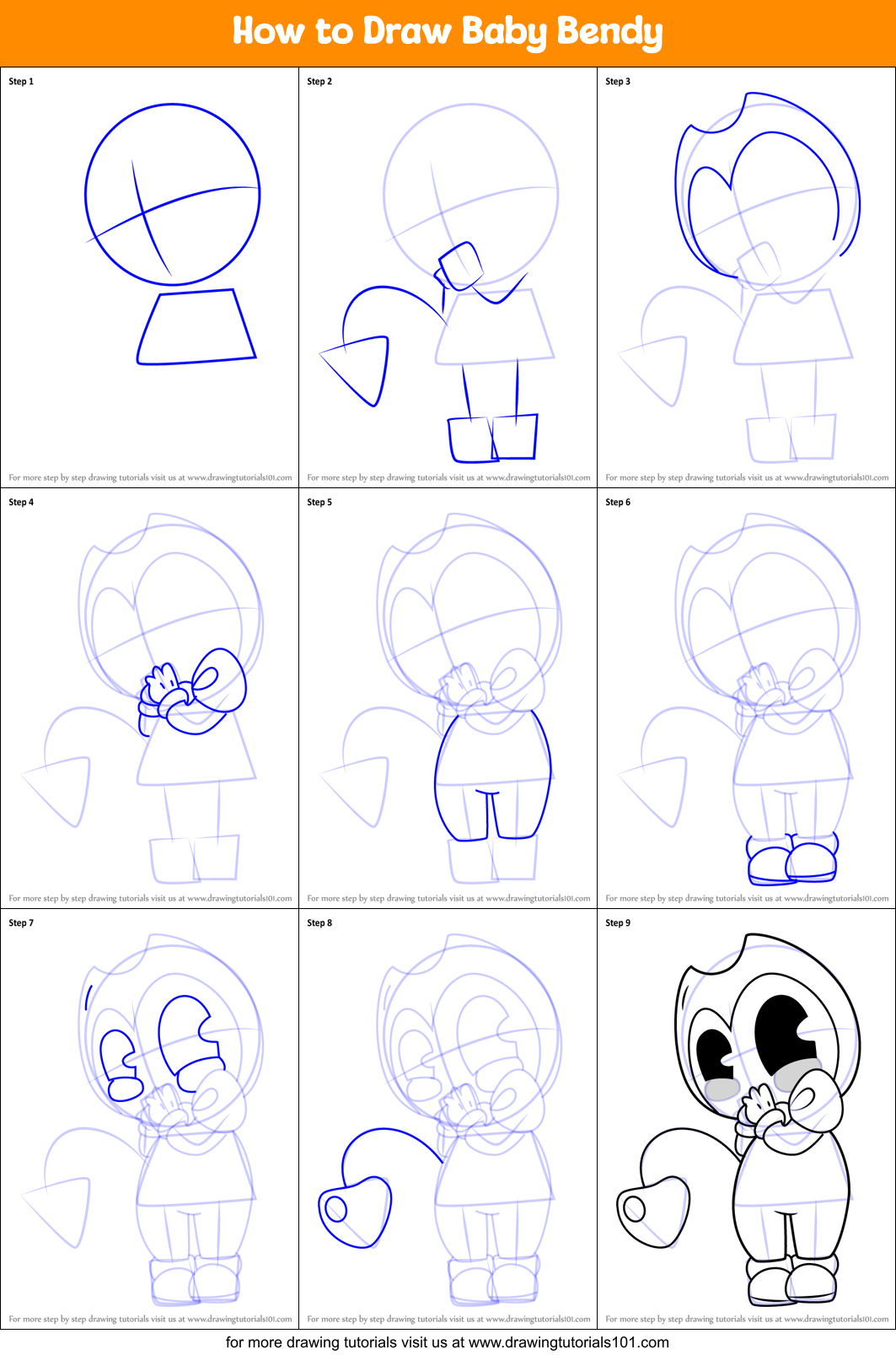 How to Draw Baby Bendy printable step by step drawing sheet
