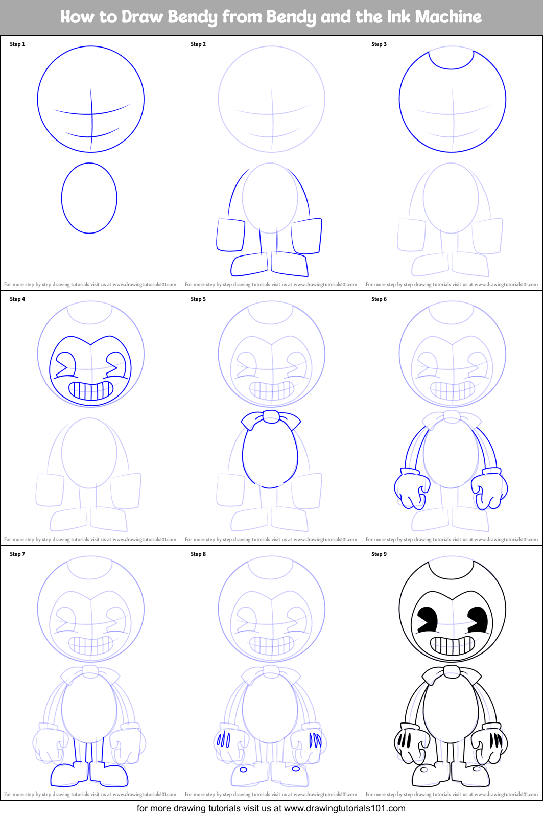 How to Draw Bendy from Bendy and the Ink Machine printable step by step drawing sheet