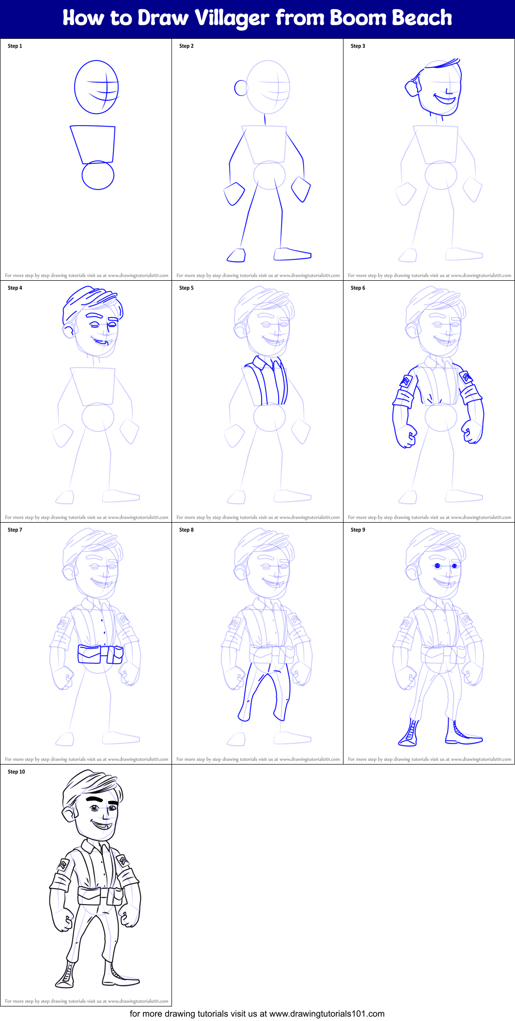 How to Draw Villager from Boom Beach printable step by step drawing sheet