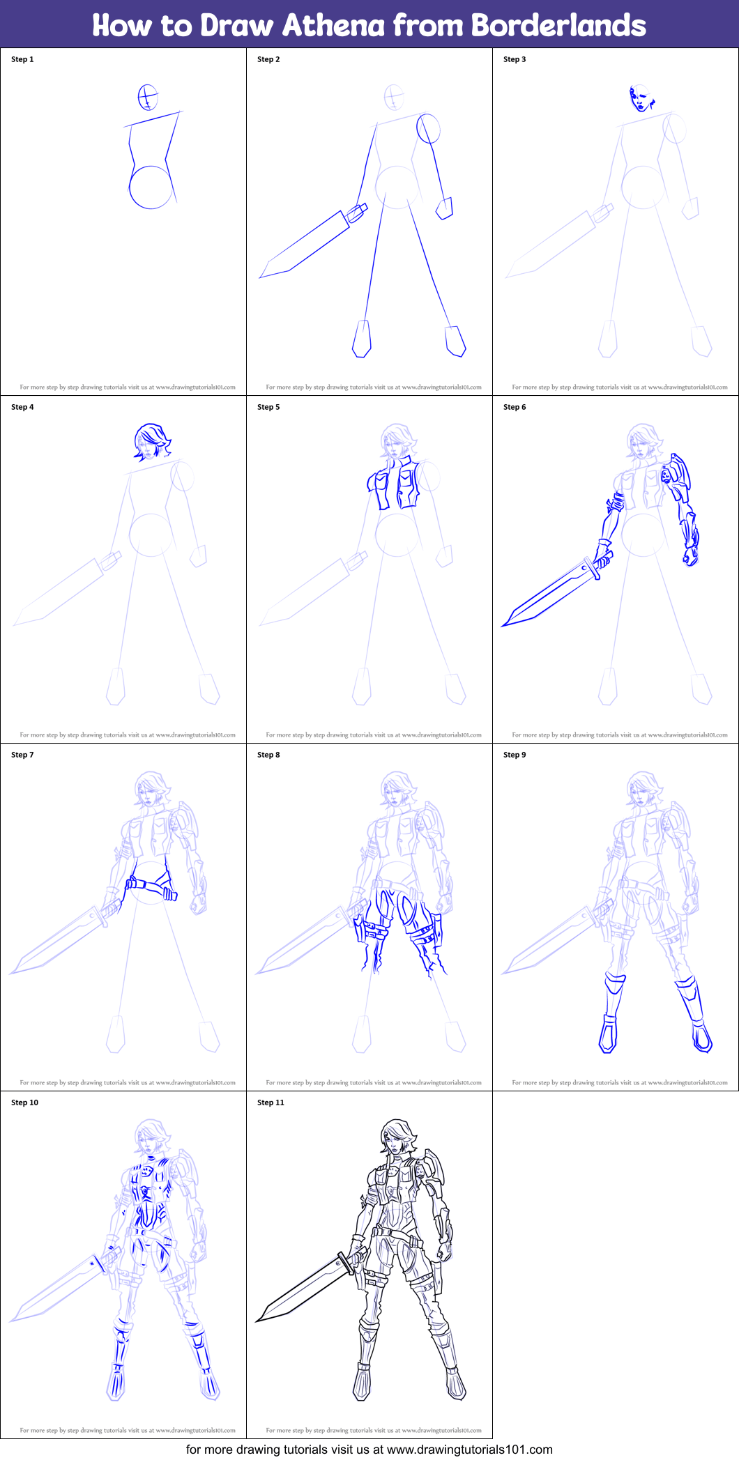 How to Draw Athena from Borderlands printable step by step drawing