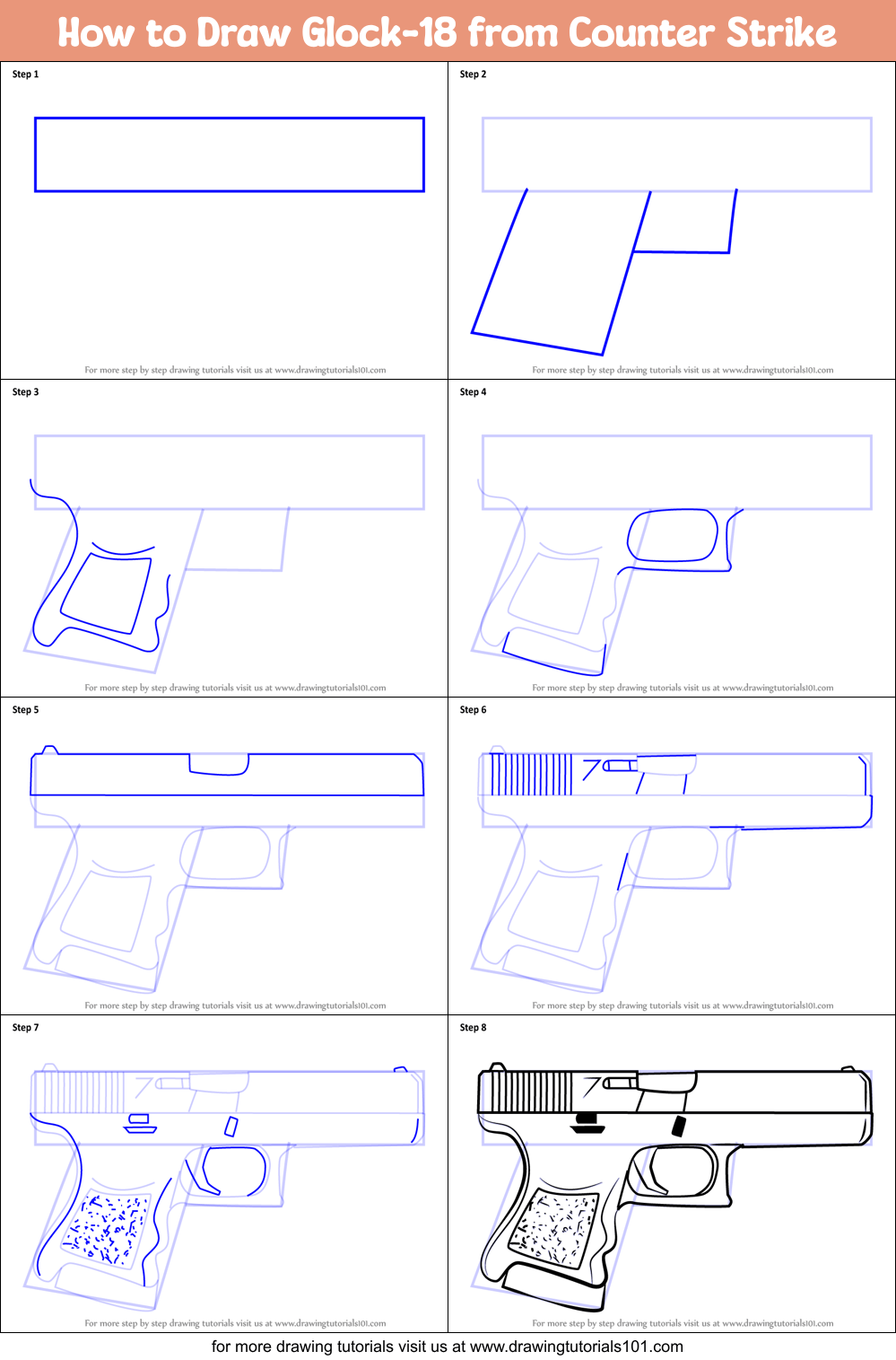 How to Draw Glock18 from Counter Strike printable step by step drawing sheet
