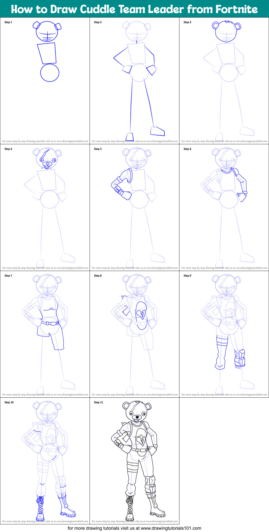 How to Draw Cuddle Team Leader from Fortnite printable step by step drawing sheet