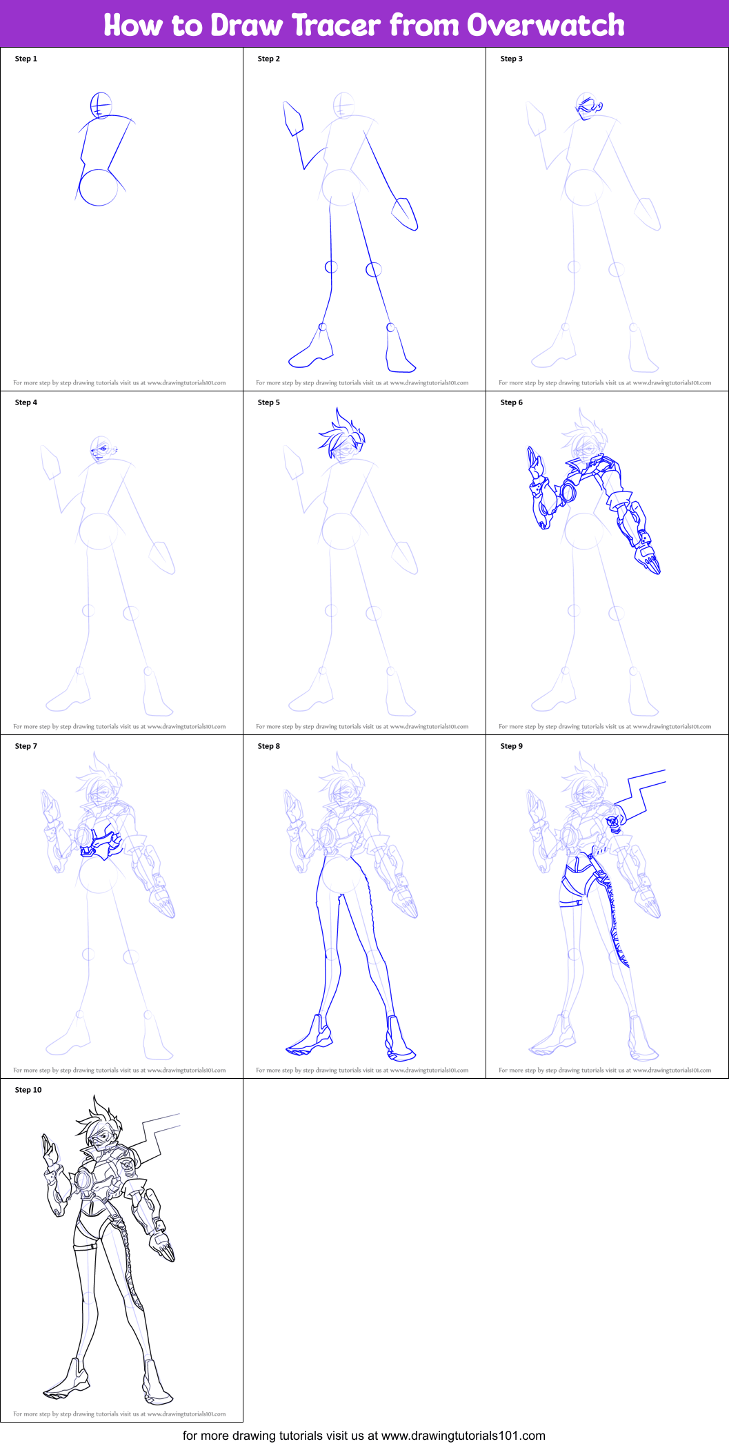 How to Draw Tracer from Overwatch printable step by step drawing sheet