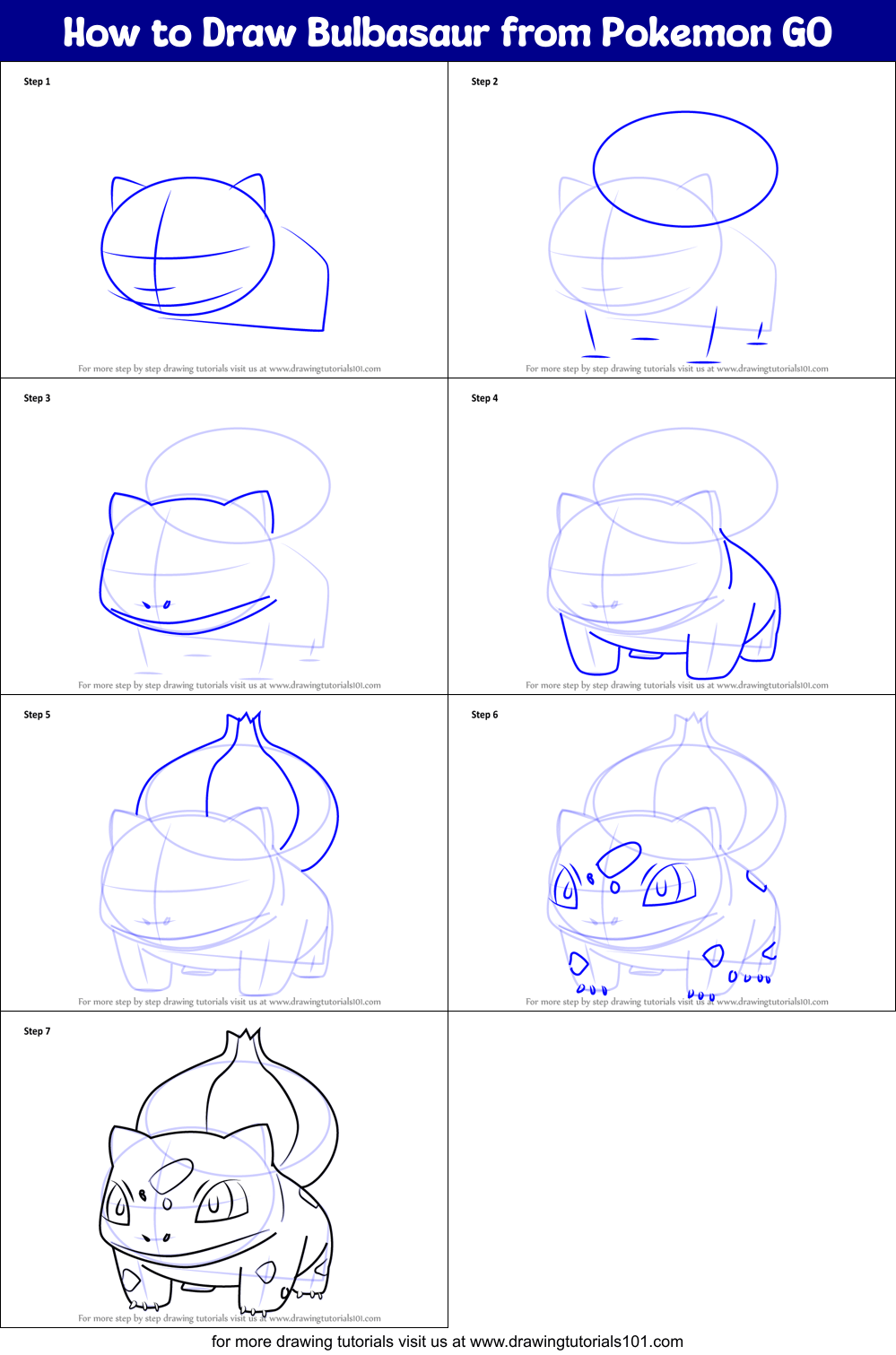 How to Draw Bulbasaur from Pokemon GO printable step by step drawing sheet