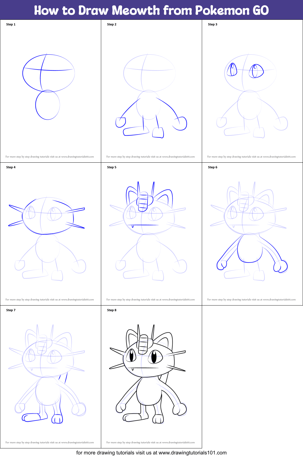 How to Draw Meowth from Pokemon GO printable step by step