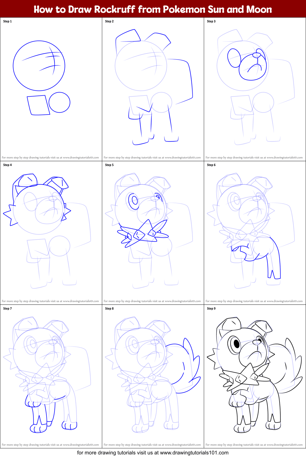 How to Draw Rockruff from Pokemon Sun and Moon printable step by step drawing sheet