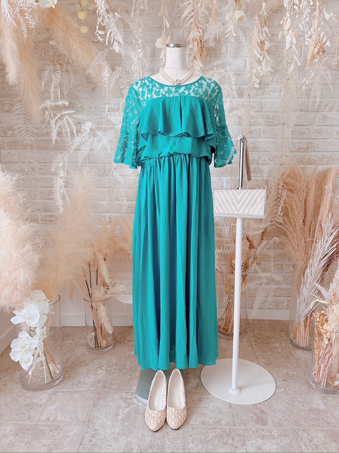 bluegreen/胸元フリルドレス【3L 】 レンタルドレスのドレリッチ