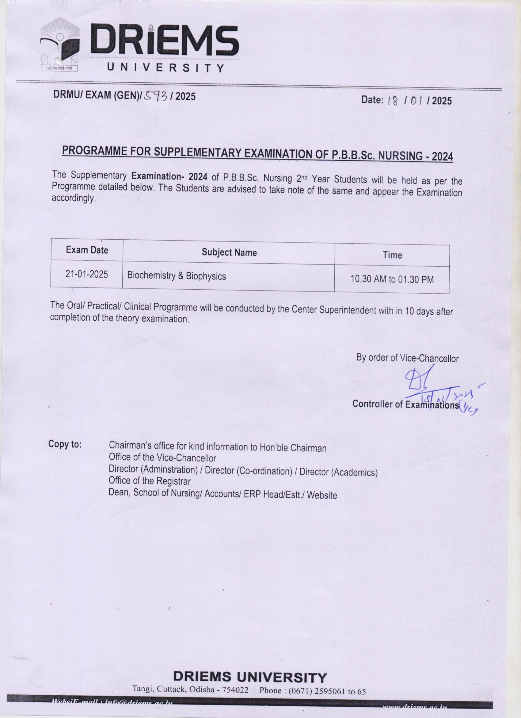 Regarding Programme For Supplementary Examination of P.B.B.Sc Nursing2024 DRIEMS University Regarding Programme For Supplementary Examination of P.B.B.Sc Nursing2024 DRIEMS University