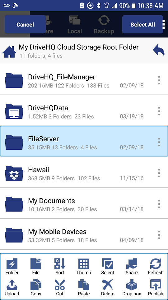 DriveHQ FileManager for Android screenshot Tap a file / folder and