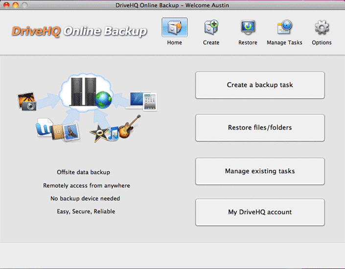 DriveHQ Online Backup for Mac Screenshots The main screen