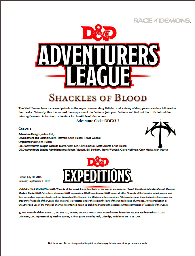 DDEX302 Shackles of Blood (5e) Wizards of the Coast D