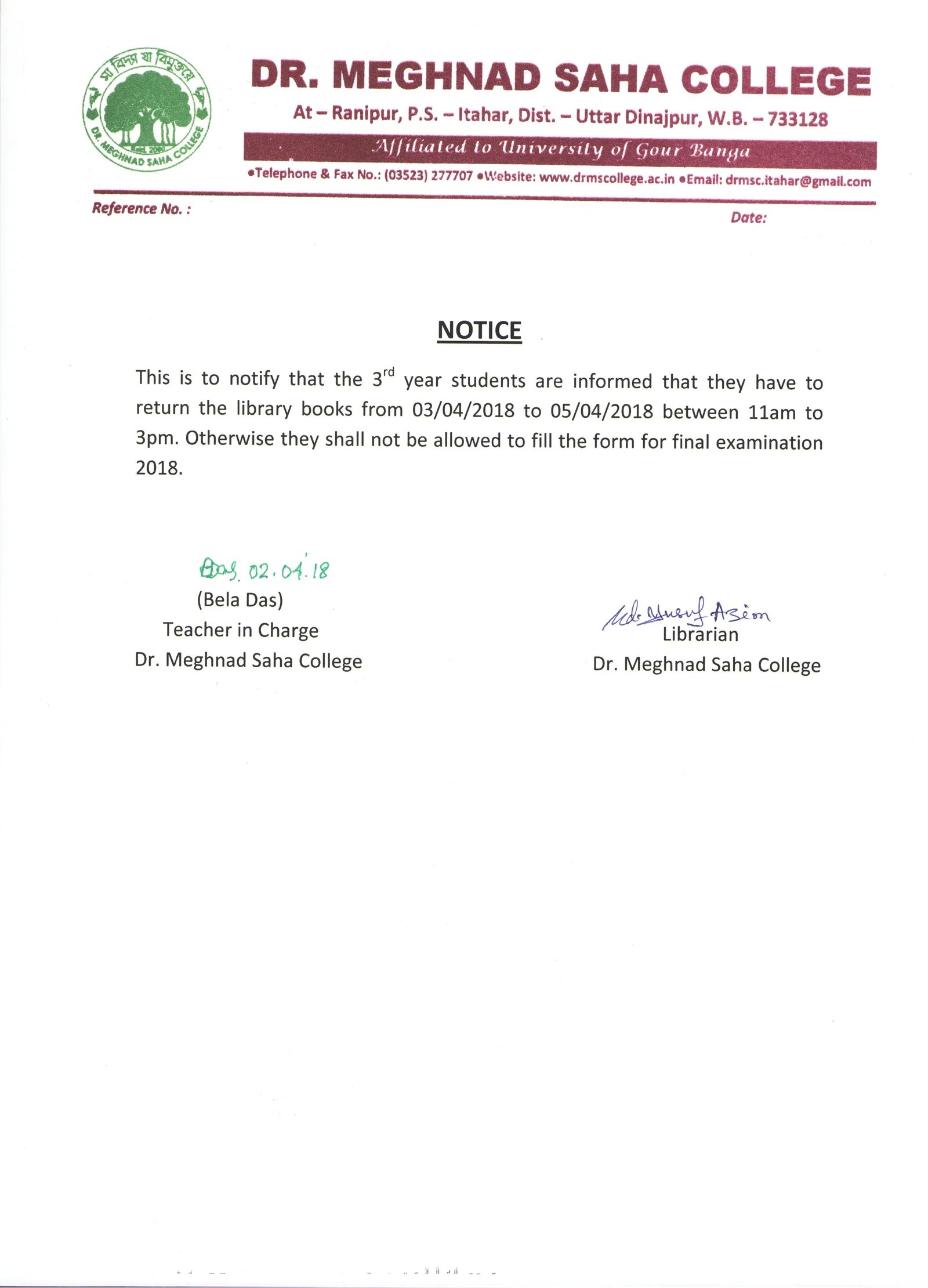Notice Regarding library books return Dr Meghnad Saha College