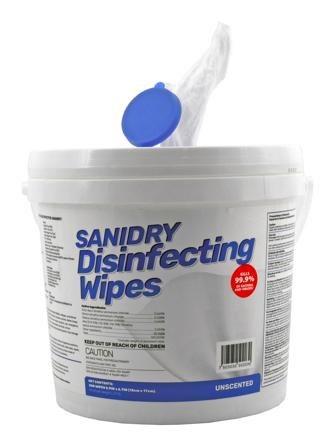 300 ct. Sanidry Industrial Strength Disinfecting Wipes Bucket Unscented