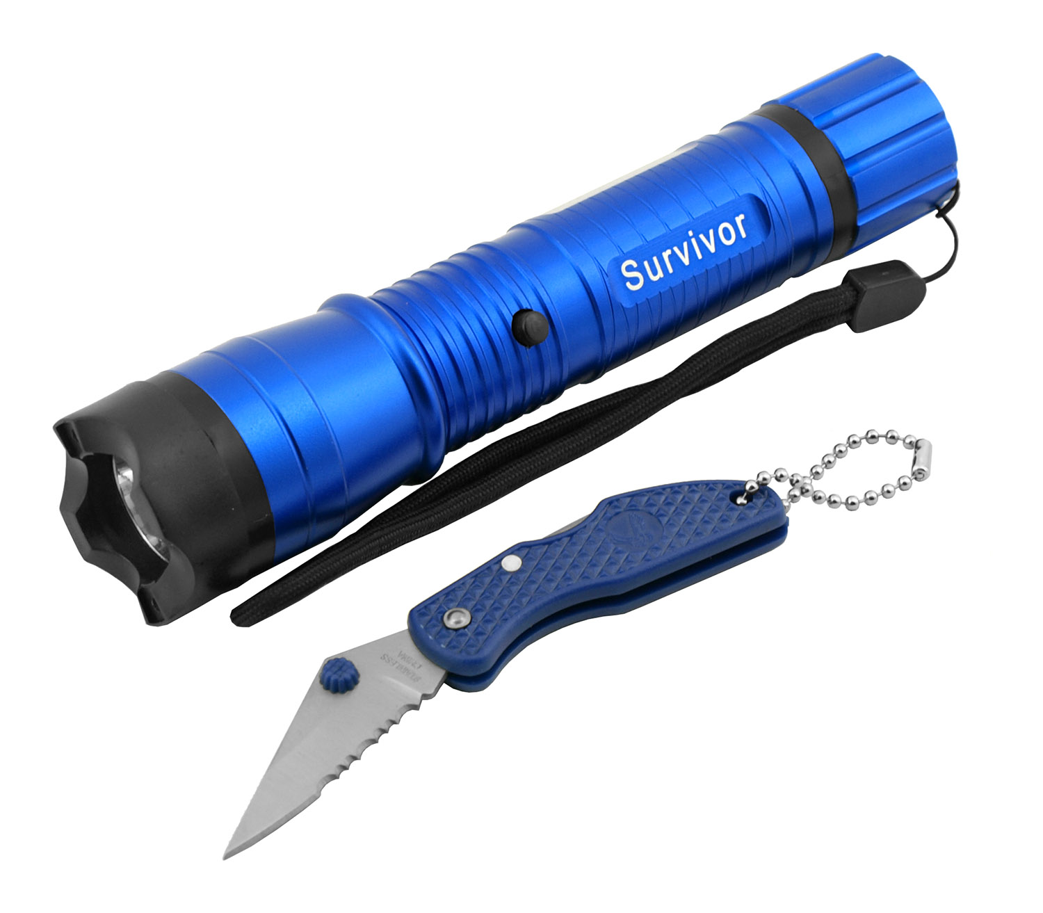 Blue Rechargeable Tactical Flashlight with Pocket Knife Combo Pack