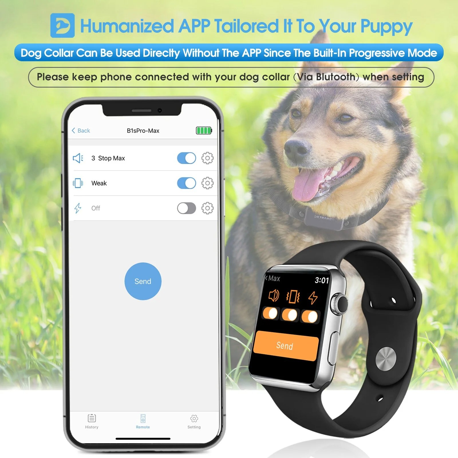 B1S Pro Dr.Trainer Bark Collar APP&Watch Control, IP68 Waterproof Dog