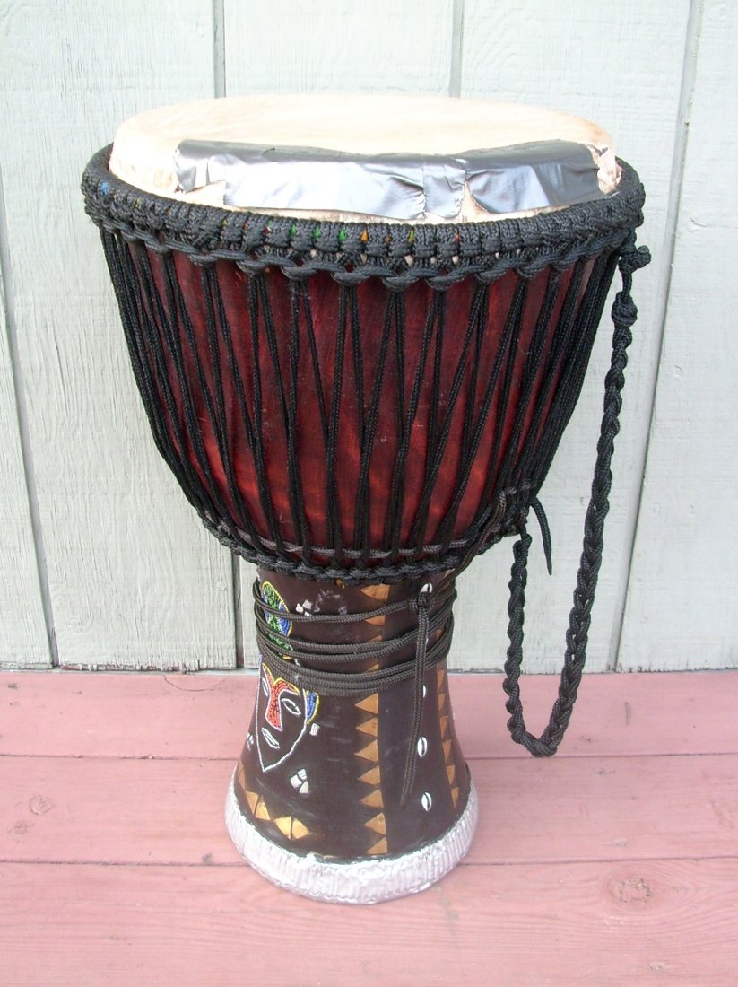 Djembe hand drum with duct tape on the head.