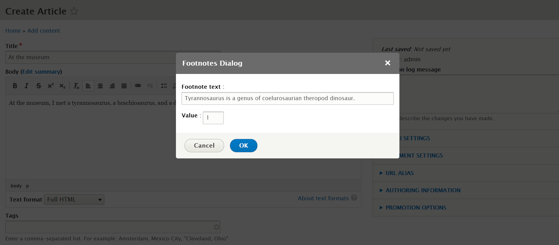 Adding footnotes to content via the CKEditor toolbar Footnotes