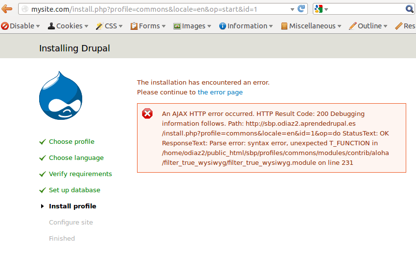 Commons won't install ajax error with wysiwyg [1828934]