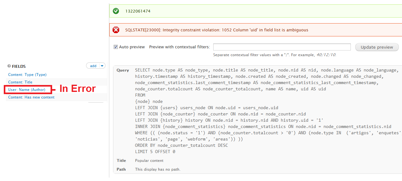 SQLSTATE[23000] Integrity constraint violation 1052 Column 'vid' in