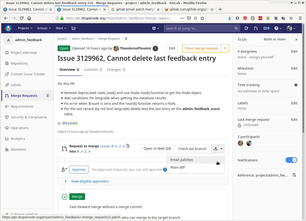 Downloading a patch file Using GitLab to Contribute to Drupal
