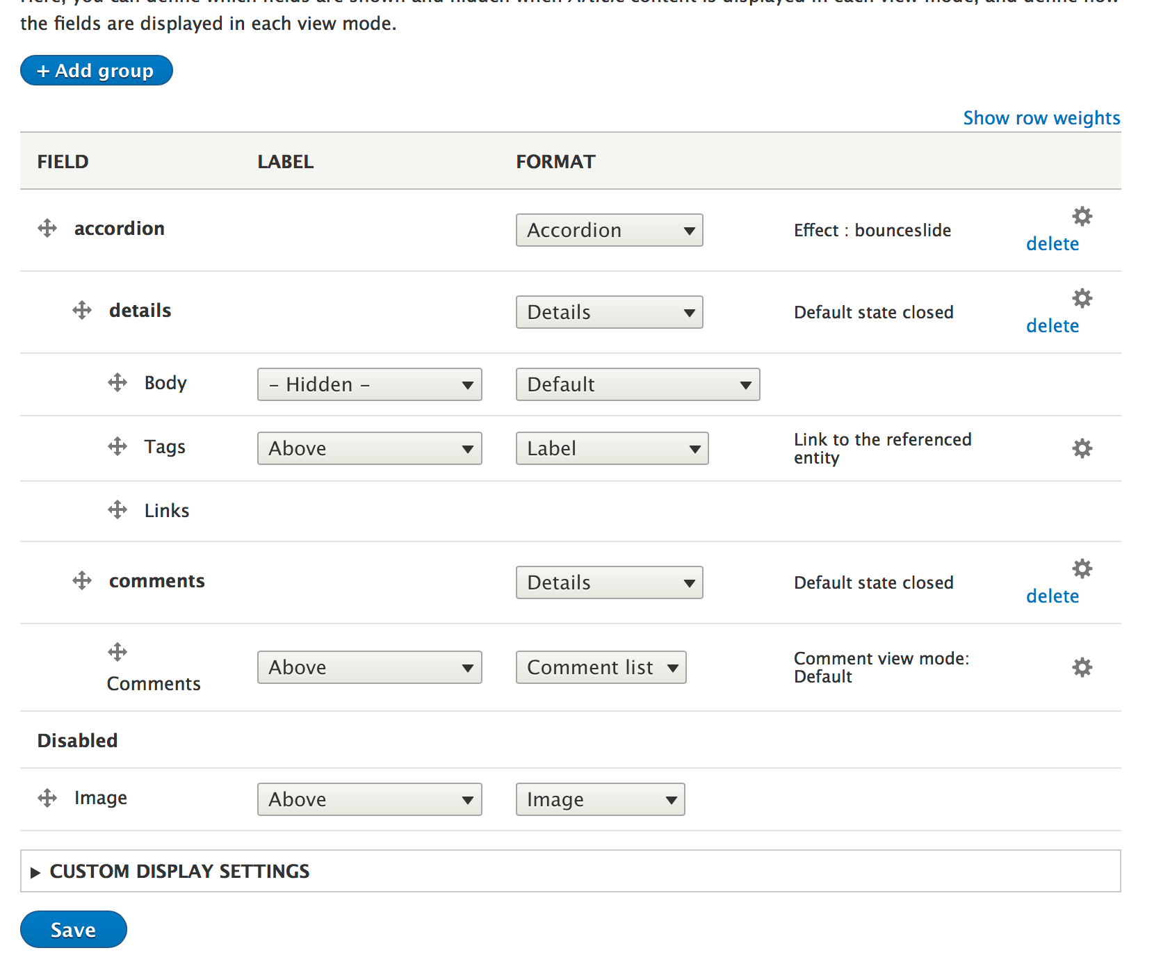 Accordion group now uses "details" format; remove "accordion item" & update documentation