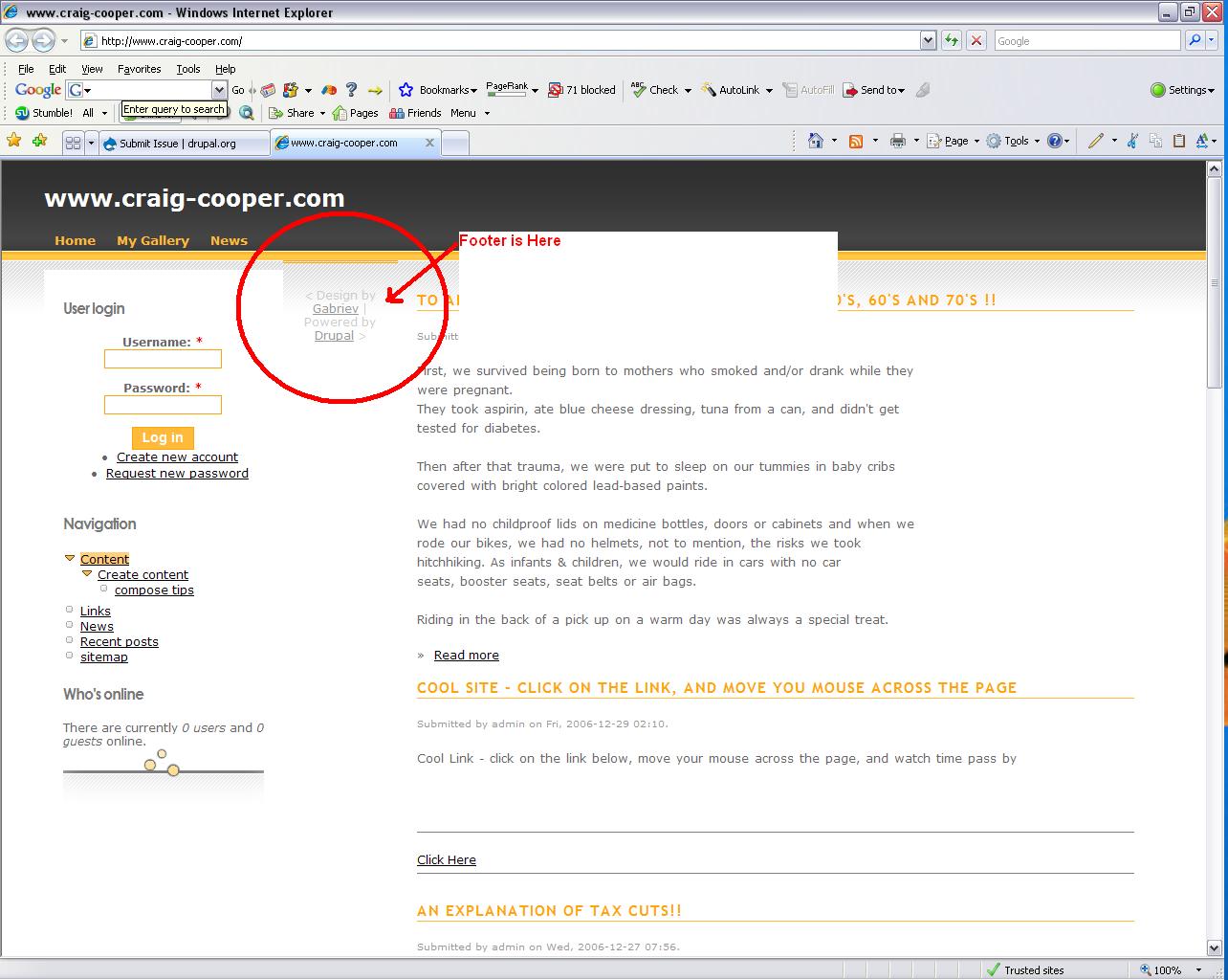 Drupal 5.x The footer appears between the Nav bar, and the content