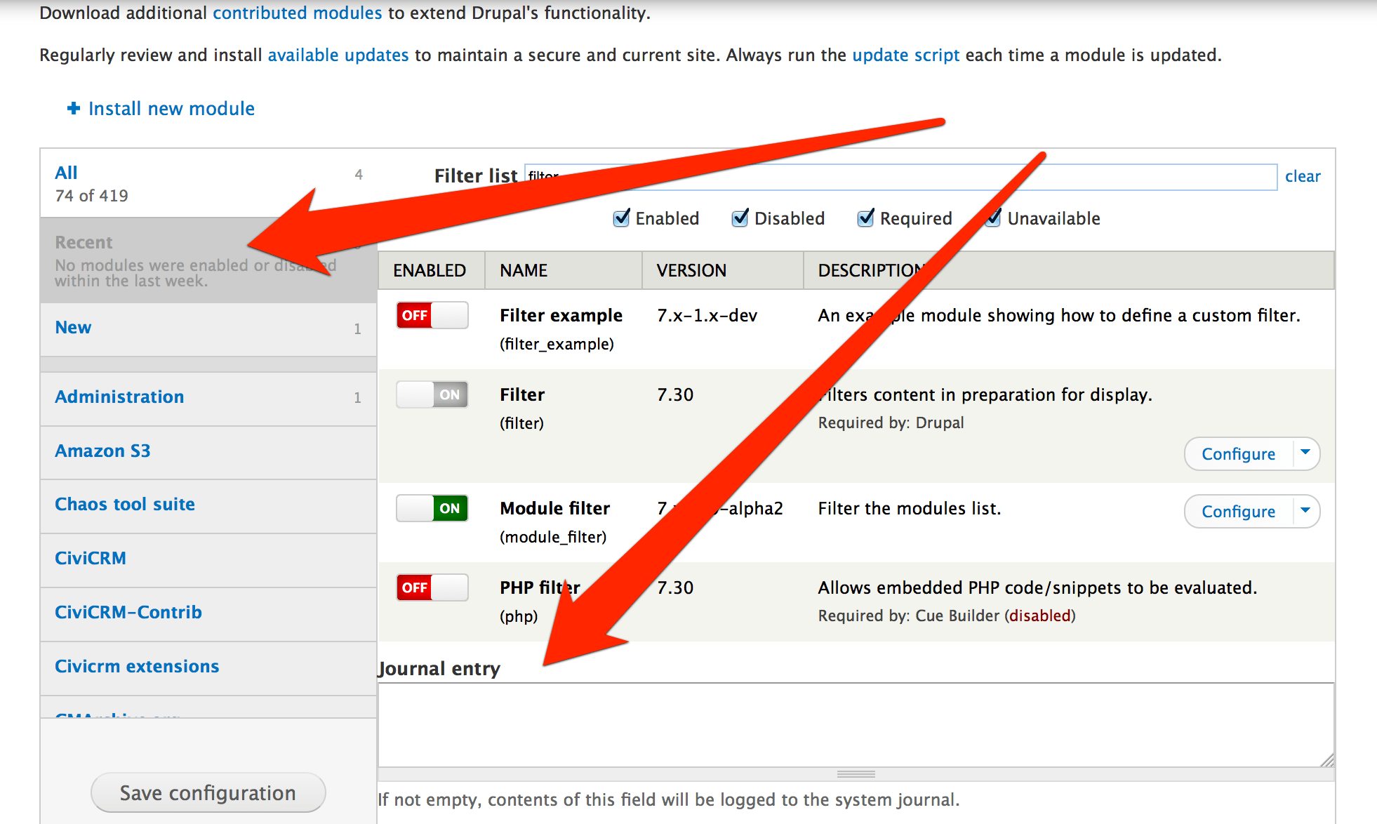 Evaluate 2.x dev of Module Filter and Journal for inclusion in ESK