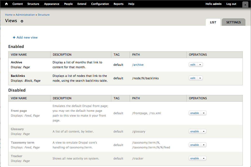 Split the Views UI listing into two tables for enabled and disabled