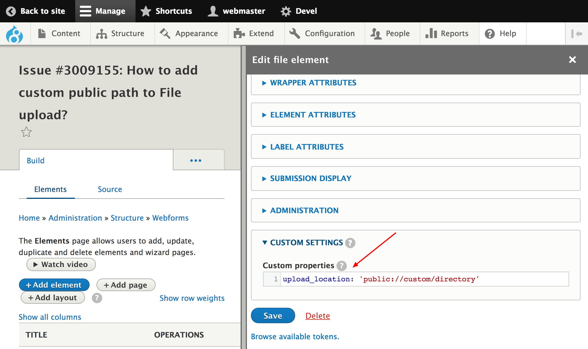 How to add custom public path to file upload? form Cookbook Drupal Wiki guide on
