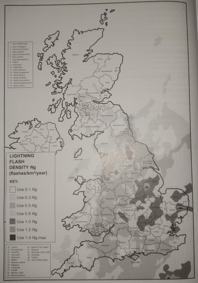 Lightning Strike Density Map Uk