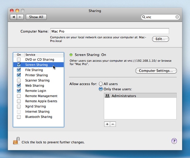 Setting up the VNC Server in Mac OS X 10.6