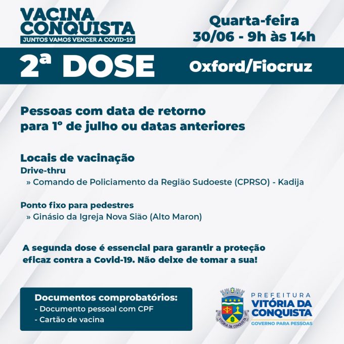 Vacinação em Conquista nesta quarta-feira será apenas da 2ª dose da AstraZeneca - Vimarsana News