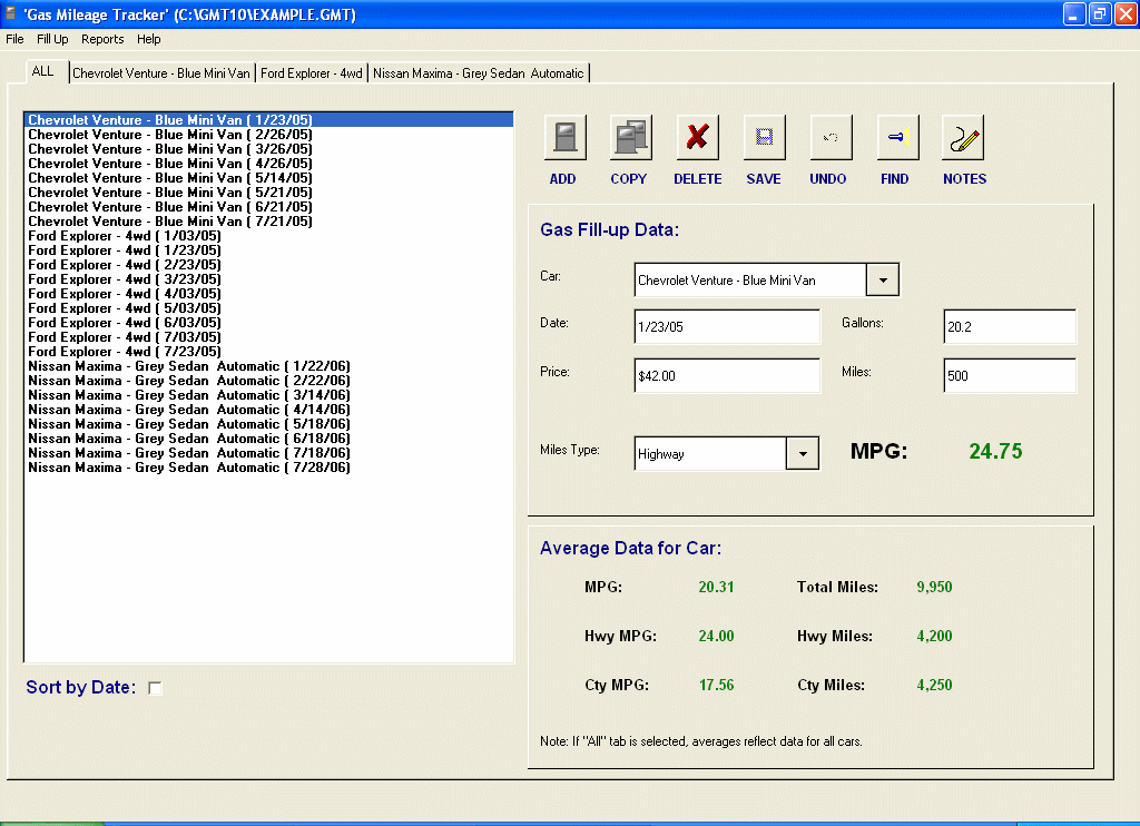 Gas Mileage Tracker Software to track MPG and fuel consumption.