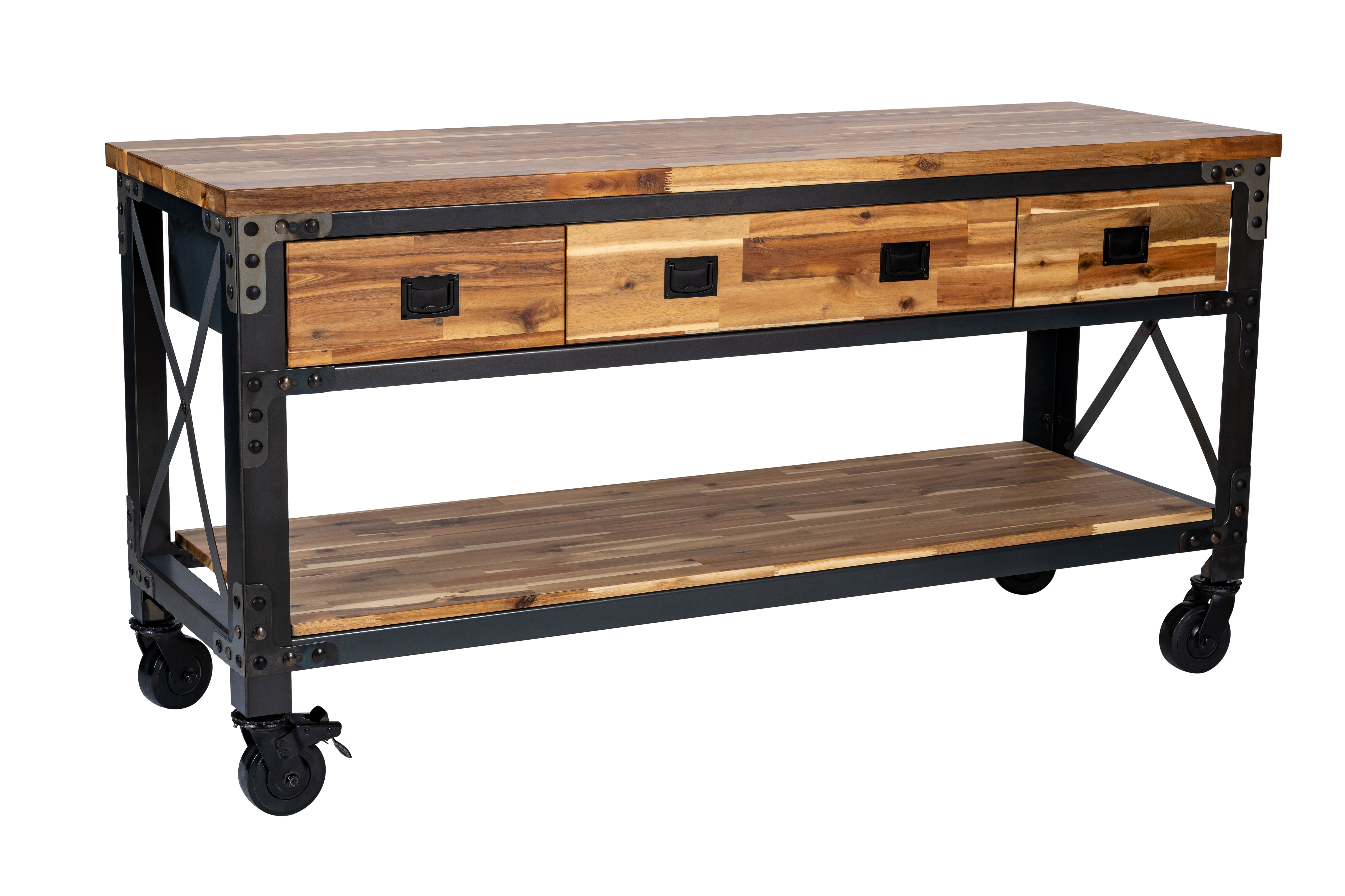 Darby 72″ Industrial Metal & Wood kitchen island desk with drawers