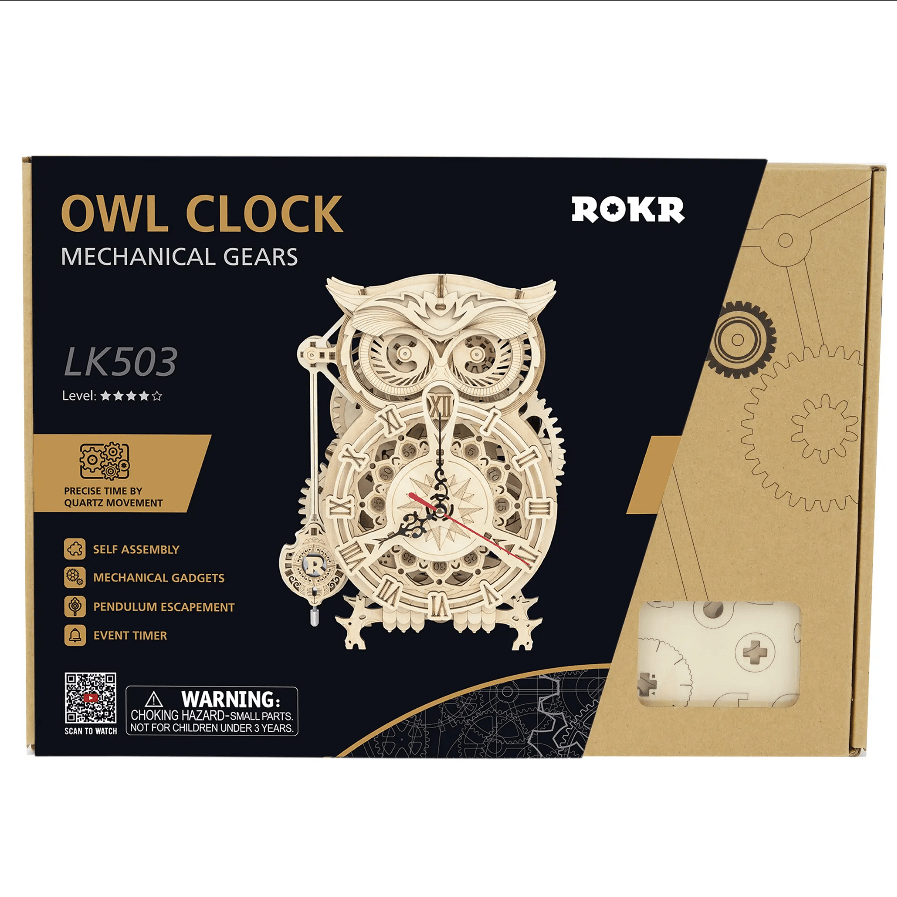 ROKR Owl Clock Mechanical Wooden Gear 3D Puzzle Kit Dutchman's Store