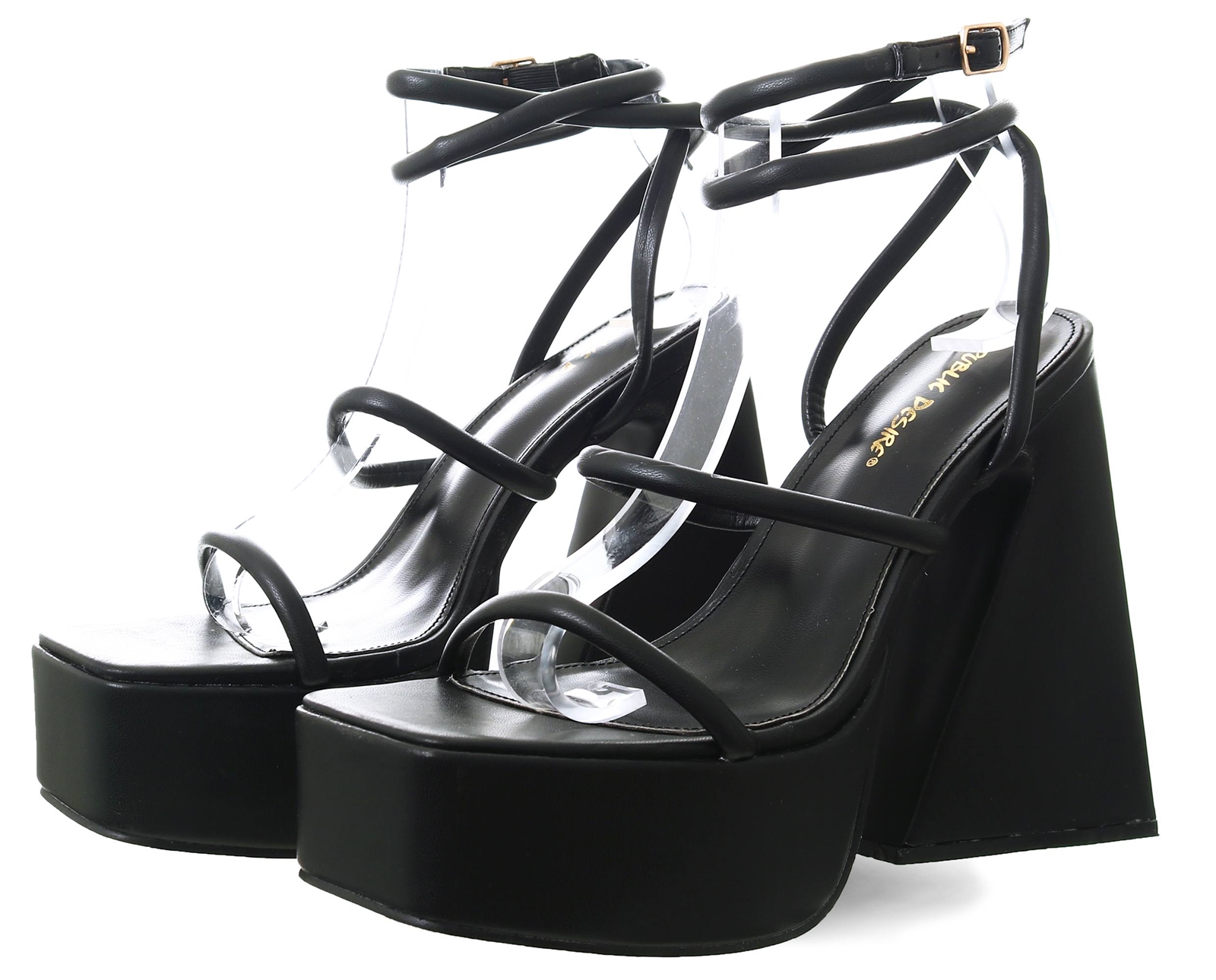 Public Desire Black Pu Square Toe Strappy Platform Flared Heels Shop