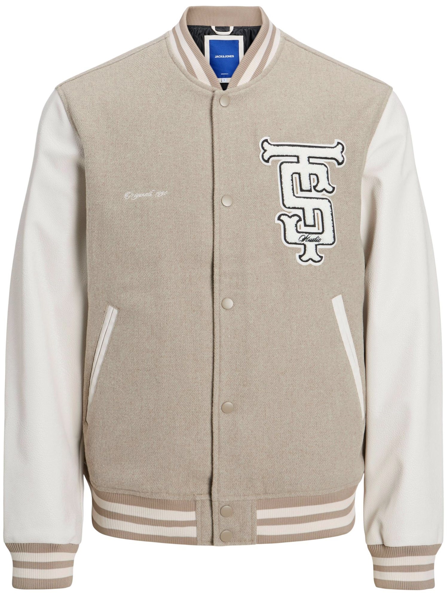 Jack & Jones Grey/Crockery College Baseball Ribbed Cuffs Jacket Shop