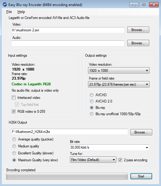 Easy way to create Bluray/AVCHD using the X264 encoder at