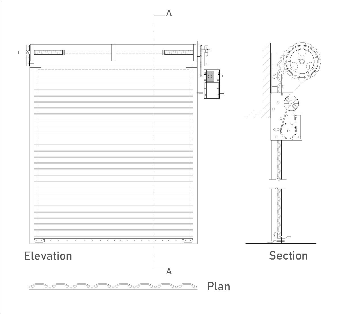 Elevación y sección de una persiana de seguridad DWG Detalle CAD