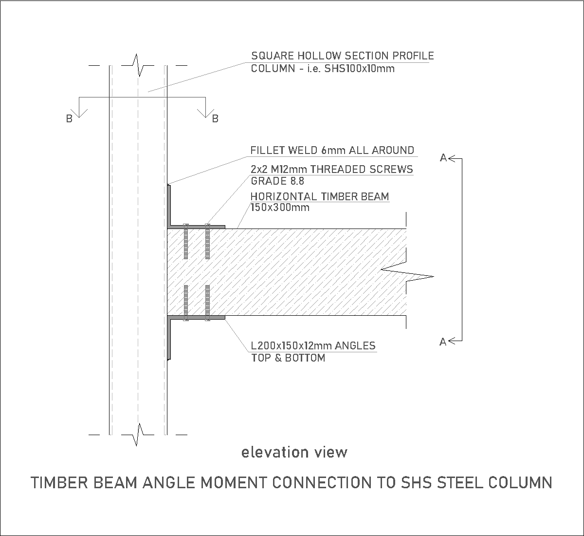 Double connection with L shape profiles to shs steel column DWG CAD Detail