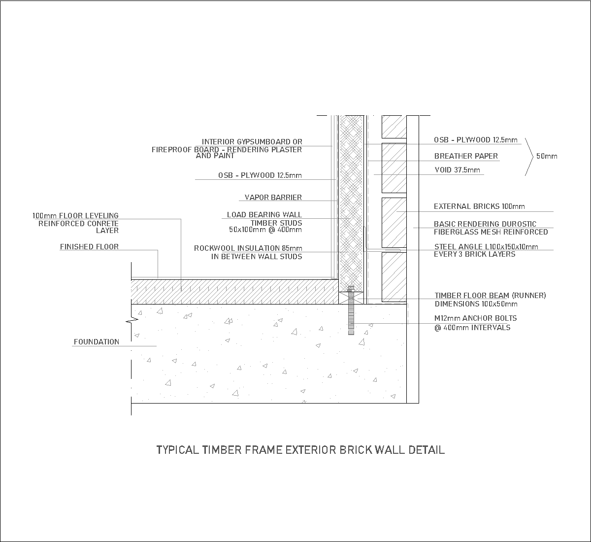 Typical timber frame exterior brick wall detail DWG CAD Detail
